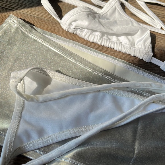 White bikini silver skirt thong set stripper metallic stretchy one size dancer - Picture 3 of 3